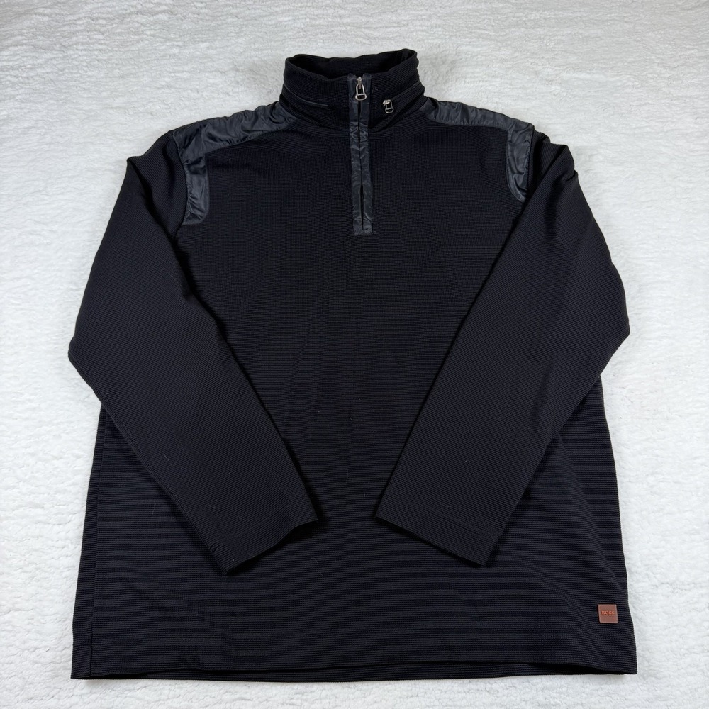Hugo Boss Mens XXL Knit Quarter Zip Pullover Black With Hidden Hood